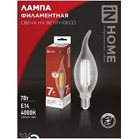 Лампа светодиодная LED-СВЕЧА НА ВЕТРУ-deco 7Вт 230В Е14 4000К 810Лм прозрачная IN HOME